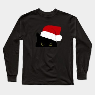 Peeking black kitty with Santa hat Long Sleeve T-Shirt